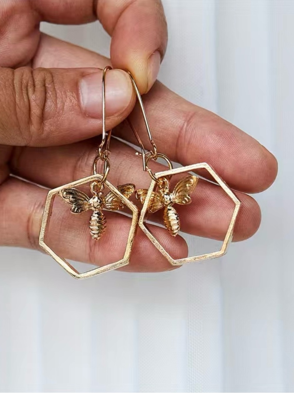 NWT Gold Bee Hexagon Drop Earrings, Gold Jewelry
